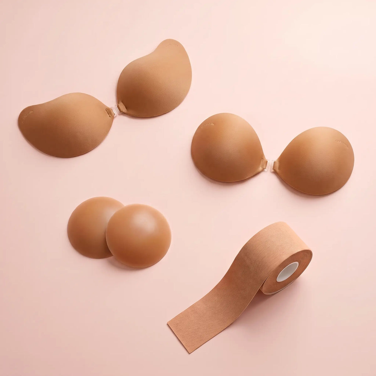 The Sticky Bra Bundle in Caramel - two adhesive bras, round covers and body tape