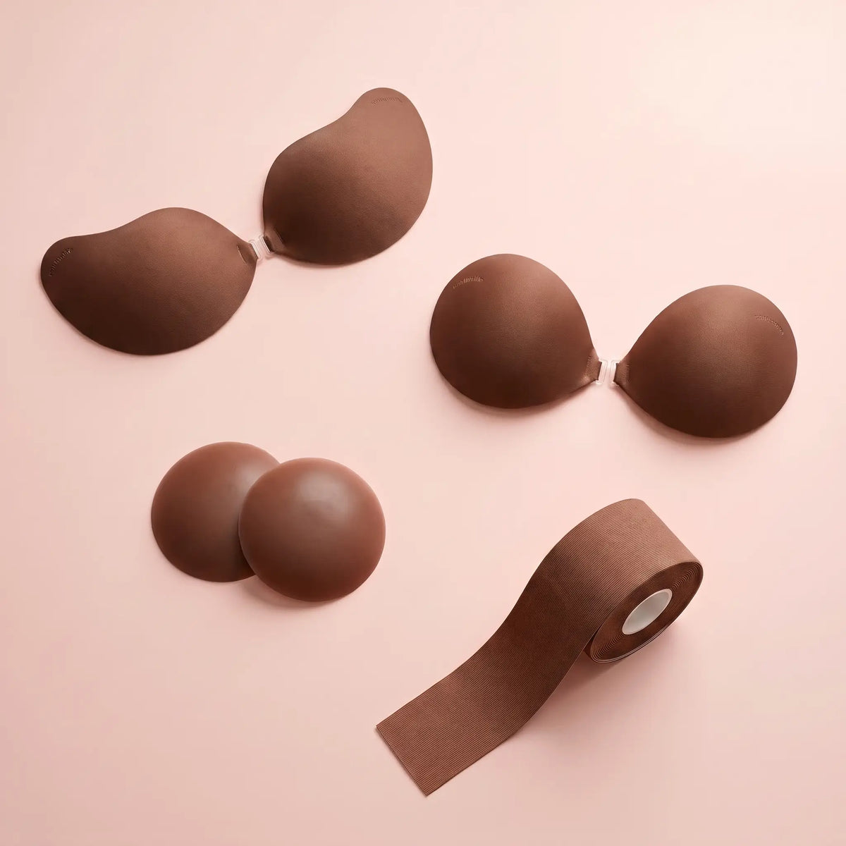 The Sticky Bra Bundle in Cocoa - two adhesive bras, round covers and body tape