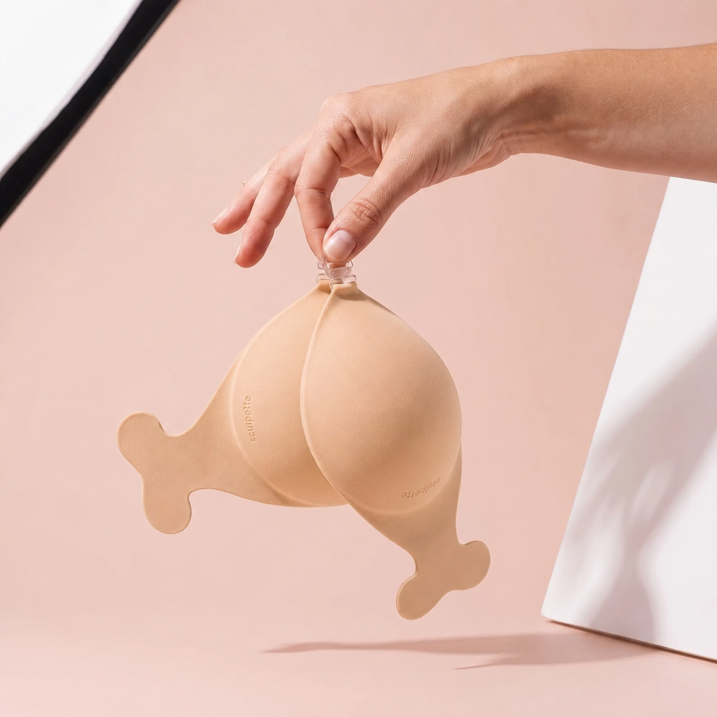 The Statement Bra in Nude held up by its clasp to show the size of the cups