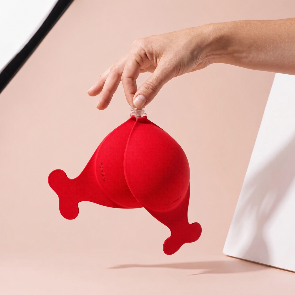 The Statement Bra in Scarlet held up by its clasp to show the size of the cups