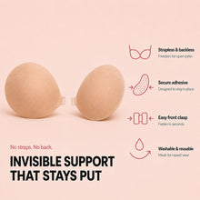 Sculpette sticky bra with features: strapless and backless, secure adhesive, easy front clasp, washable and reusable